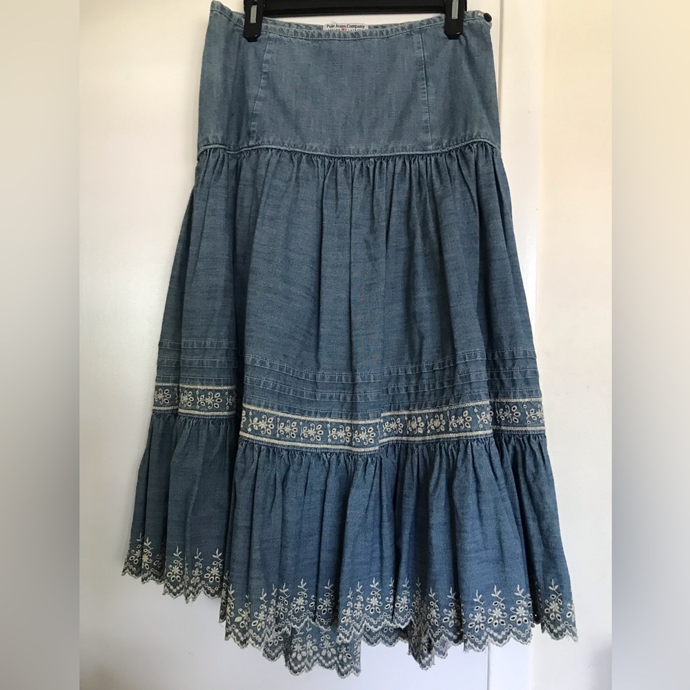Vintage POLO JEANS COMPANY RALPH LAUREN Denim Tiered Midi Skirt WEmbroidered Hem